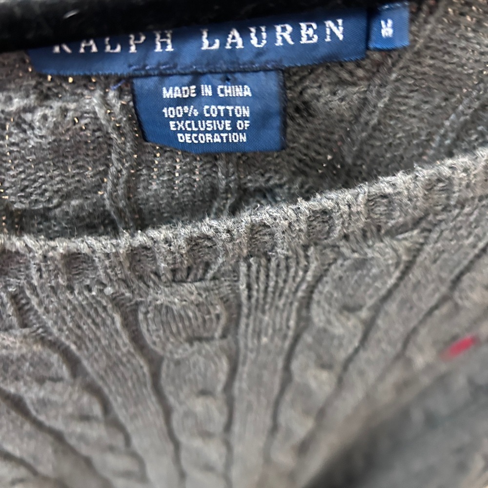 Polo Ralph Lauren Sweater Grey Cable Knit Cotton Red Pony Logo Mens Medium - Picture 8 of 9